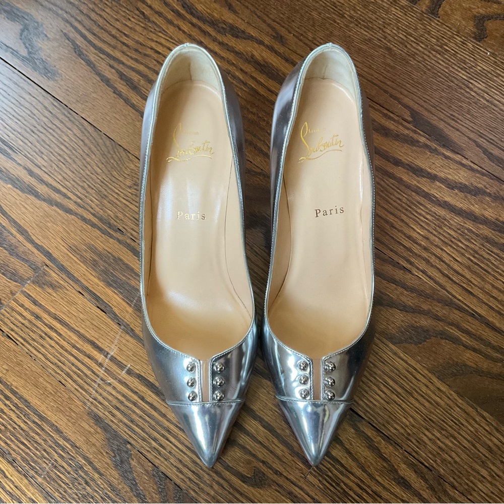 Christian Louboutin Metallic Silver Pointed Toe Studded Pumps